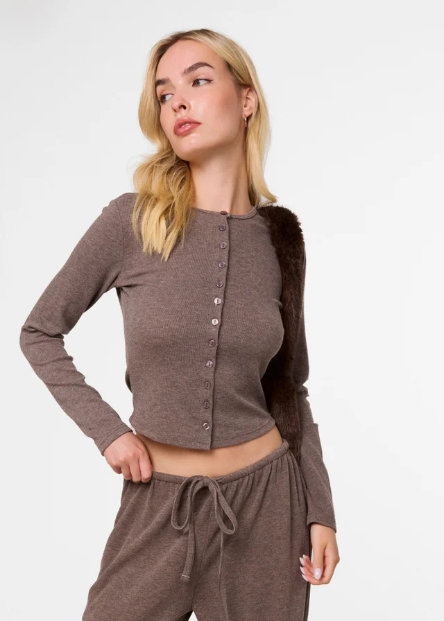 Pink Vanilla Beige Ribbed Button Up Cardigan