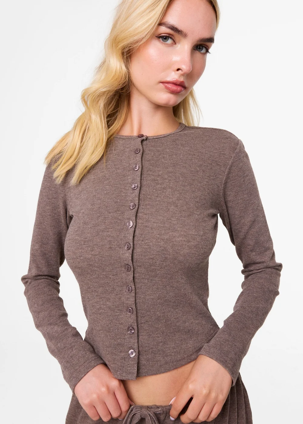 Pink Vanilla Beige Ribbed Button Up Cardigan - M Image 3
