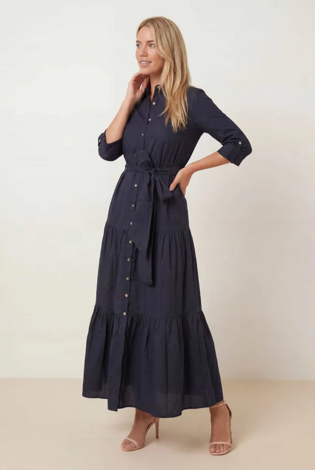 Style Cheat Navy Cotton Shirt Tiered Maxi Dress