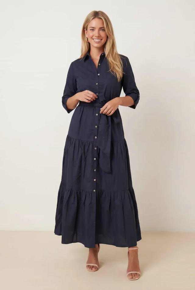 Style Cheat Navy Cotton Shirt Tiered Maxi Dress