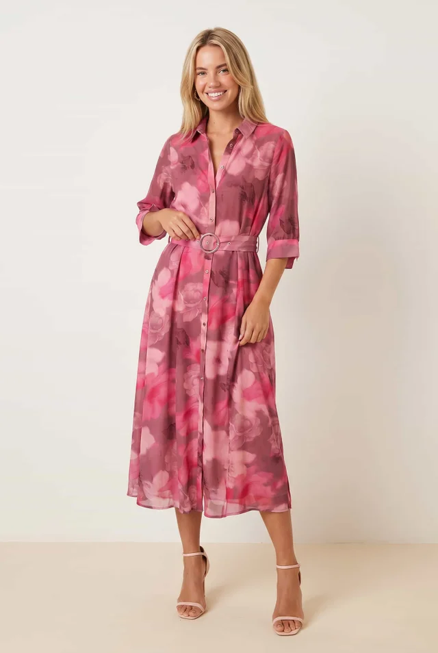 Style Cheat Pink Daphne Shirt Watercolour Floral Midi Dress