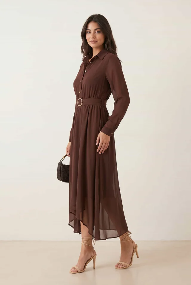 Style Cheat Brown Hanky Hem Belted Midi Dress