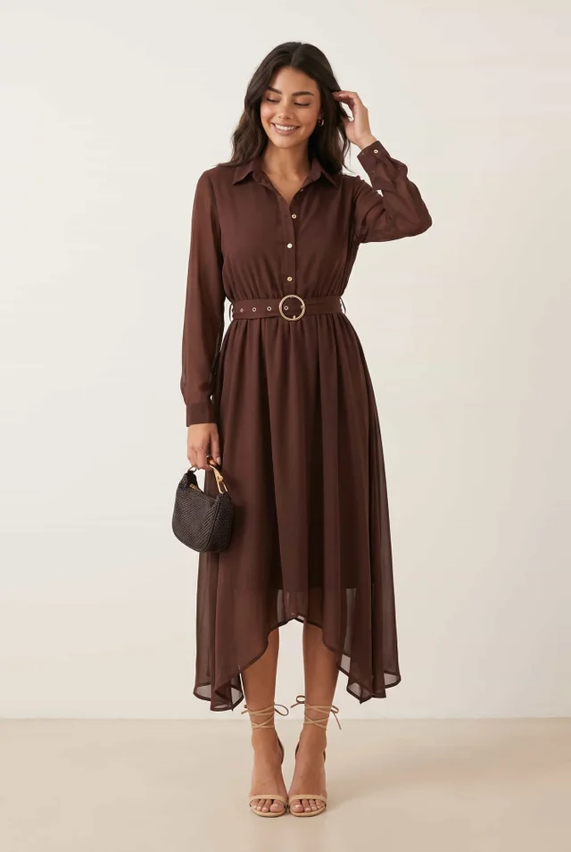 Style Cheat Brown Hanky Hem Belted Midi Dress