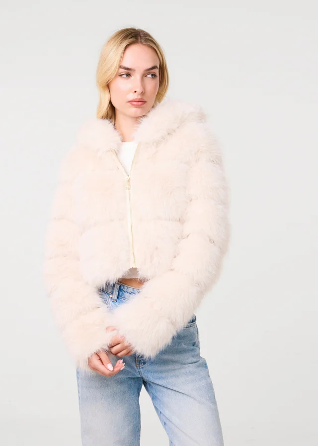 Pink Vanilla Cream Hooded Faux Fur Cropped Coat