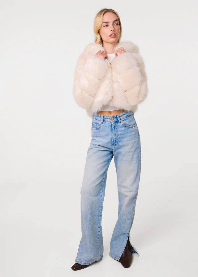 Pink Vanilla Cream Hooded Faux Fur Cropped Coat