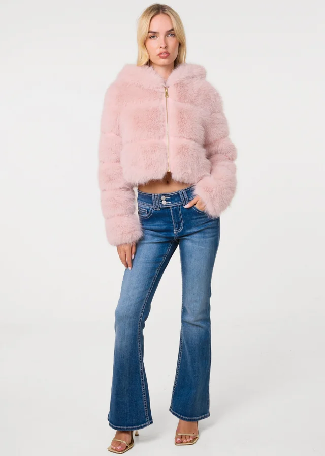 Pink Vanilla Pink Hooded Faux Fur Cropped Coat