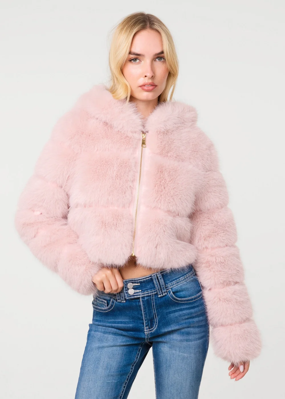 Pink Vanilla Pink Hooded Faux Fur Cropped Coat - M/L Image 1
