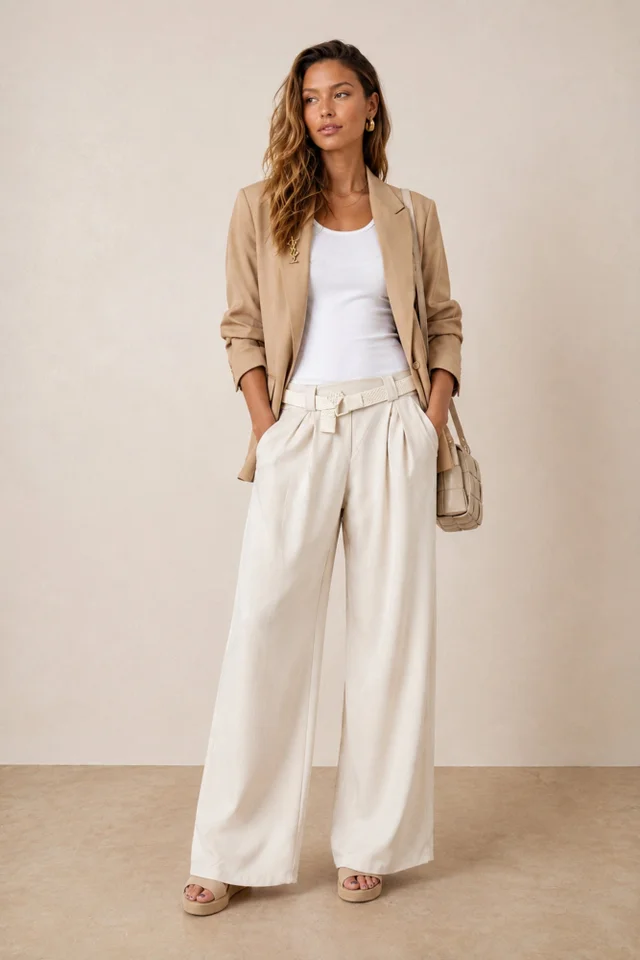 Style Cheat Cream Belted High-Waist Wide Leg Trousers