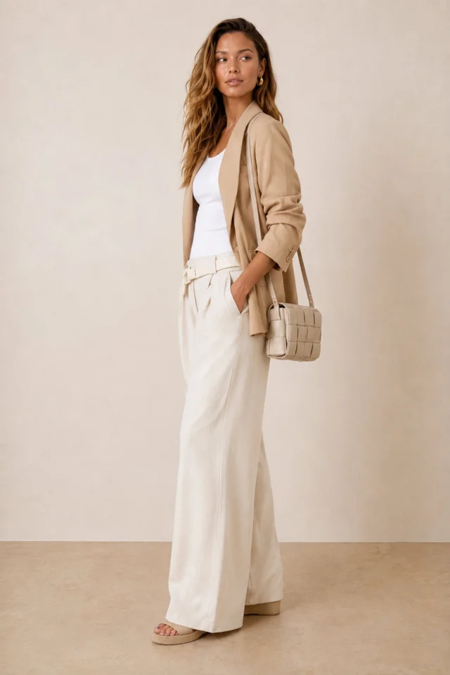 Style Cheat Cream Belted High-Waist Wide Leg Trousers