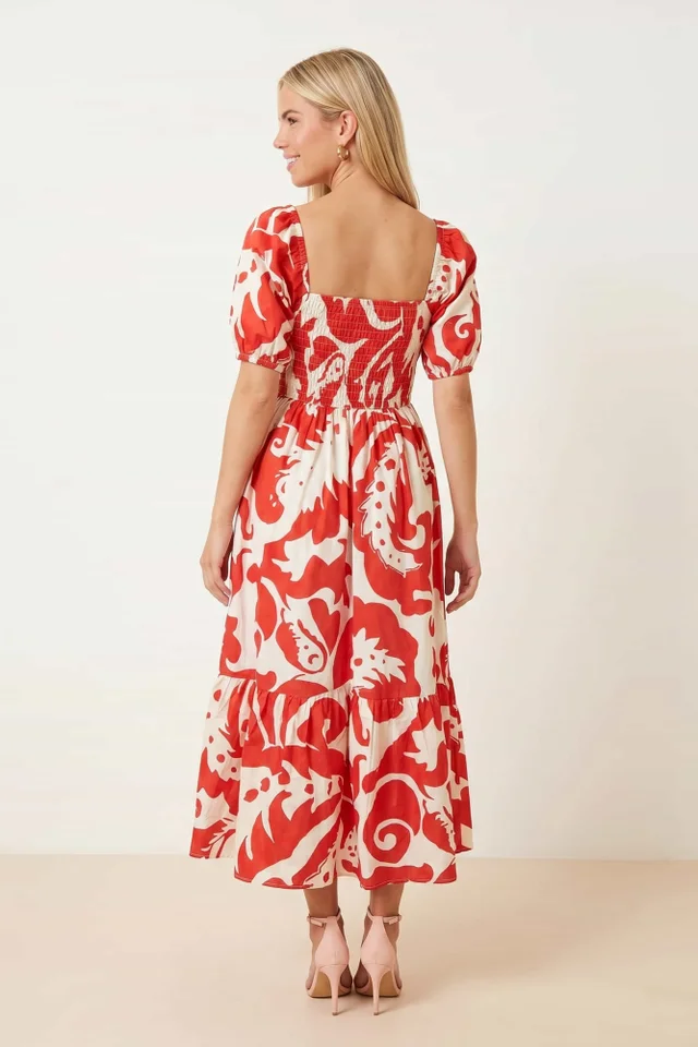 Style Cheat Leighton Puff Sleeve Abstract Midi Dress in Red