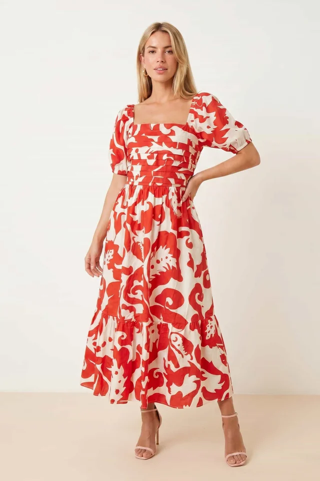 Style Cheat Leighton Puff Sleeve Abstract Midi Dress in Red