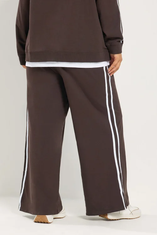 Yours Curve Chocolate Brown Side Stripe Wide Leg Joggers - 12/L30 Image 3