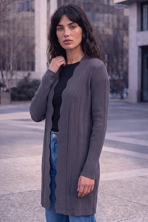 Roman Dark Grey Rib Knit Scallop Trim Cardigan - 12 Image 1