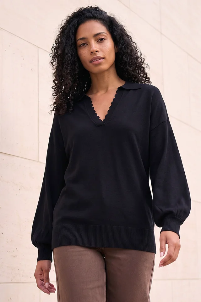 Roman Black Collared V-Neck Boyfriend Jumper