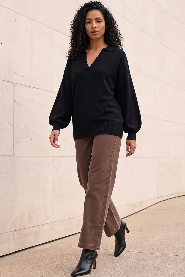 Roman Black Collared V-Neck Boyfriend Jumper