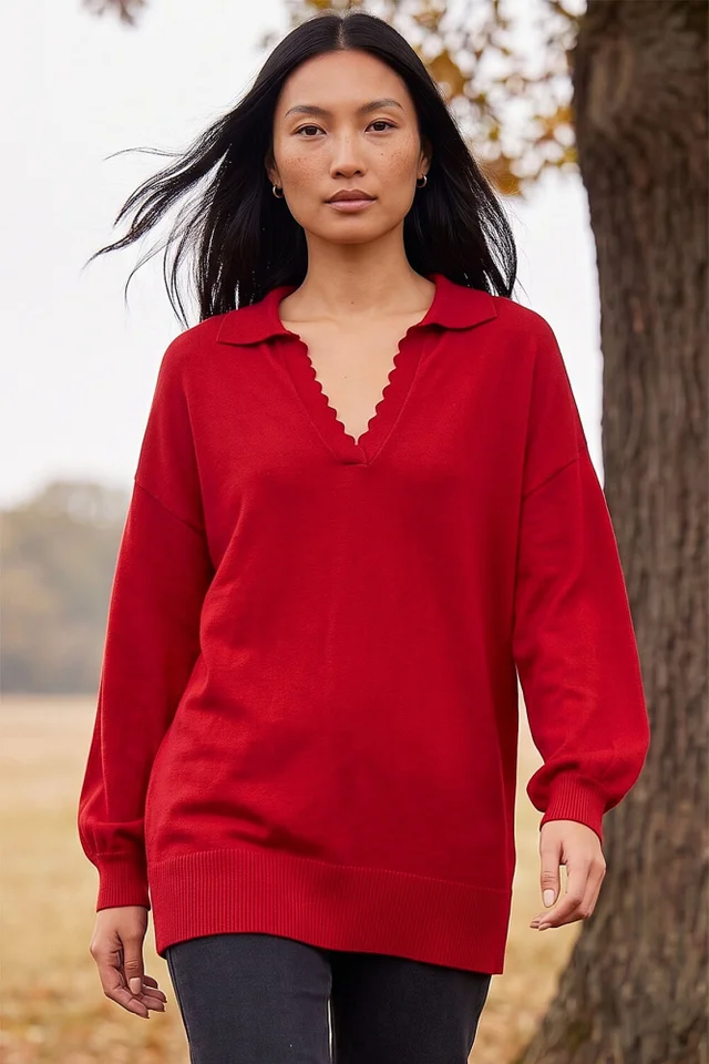 Roman Red Collared V-Neck Boyfriend Jumper