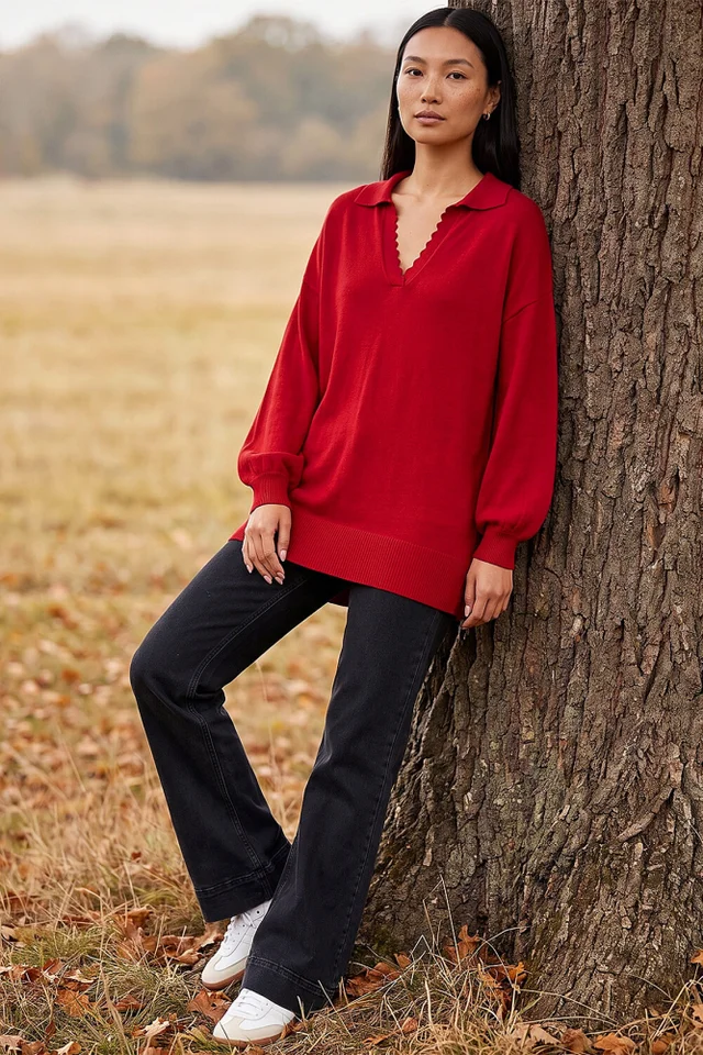 Roman Red Collared V-Neck Boyfriend Jumper