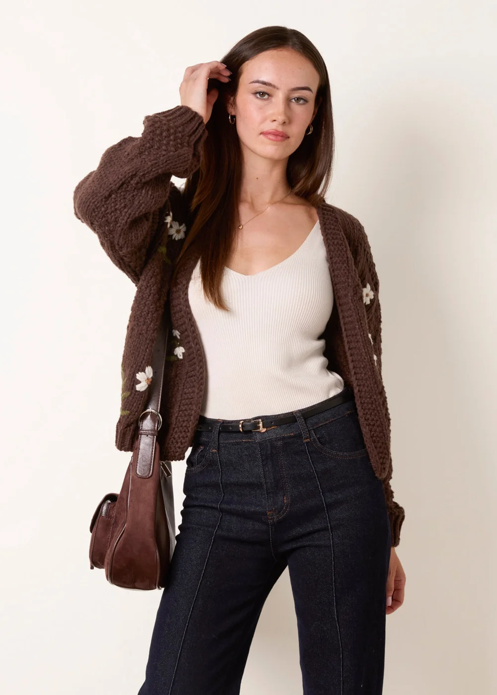 Blue Vanilla Brown Flower Embroidery Cardigan - S/M Image 1