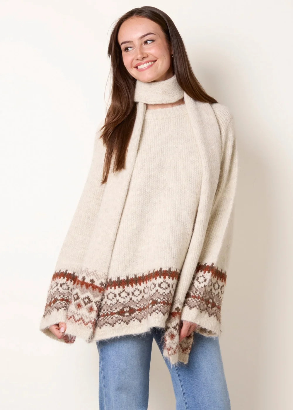 Blue Vanilla Beige Scarf Fair Isle Knit Jumper - One Size Image 1