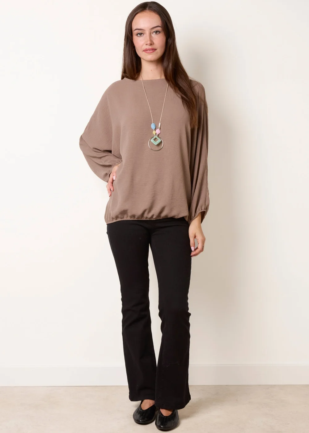 Blue Vanilla Beige Elasticated Batwing Necklace Jersey Top - One Size Image 2
