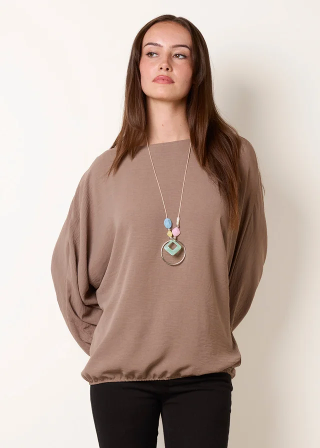Blue Vanilla Beige Elasticated Batwing Necklace Jersey Top