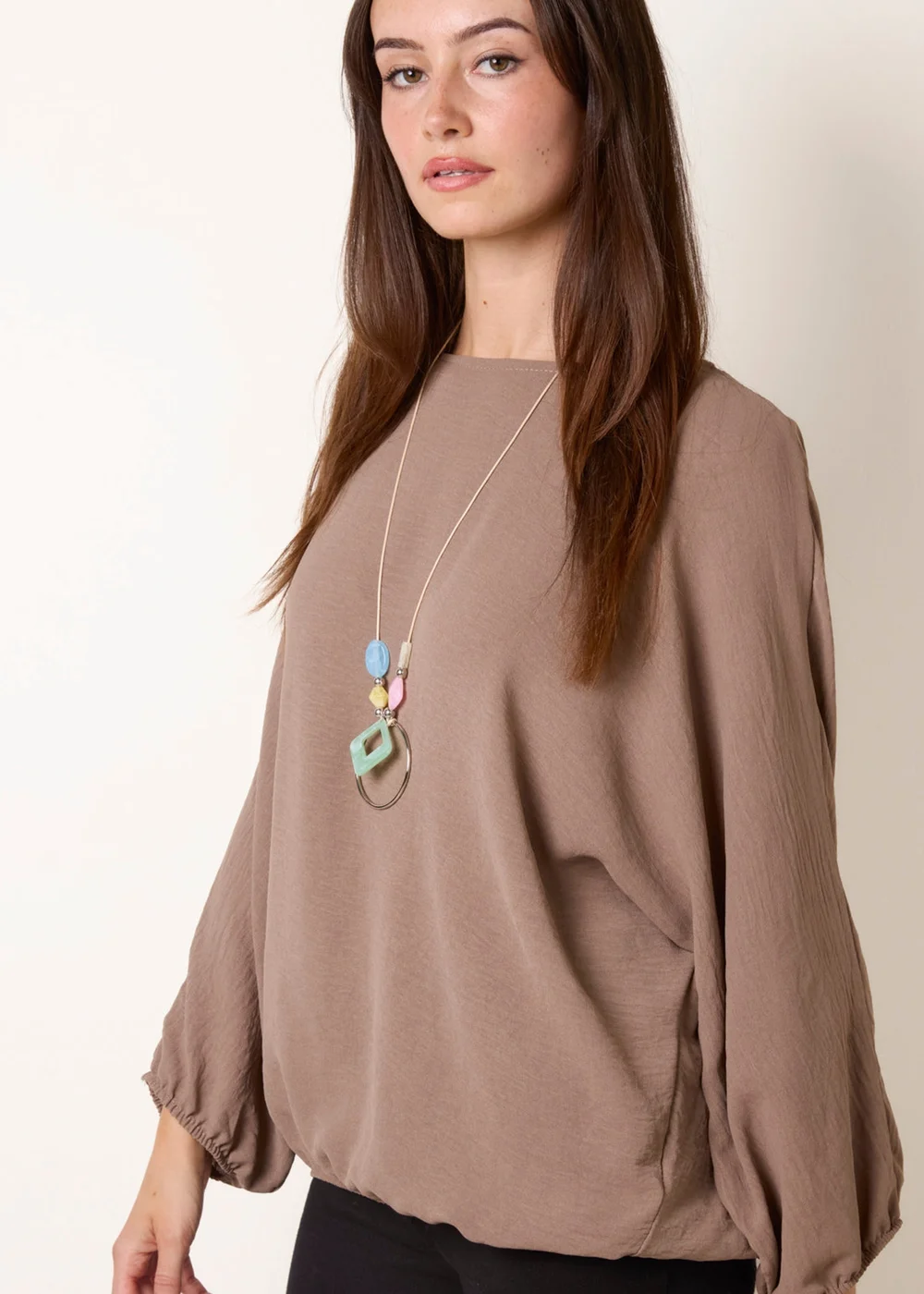 Blue Vanilla Beige Elasticated Batwing Necklace Jersey Top - One Size Image 3