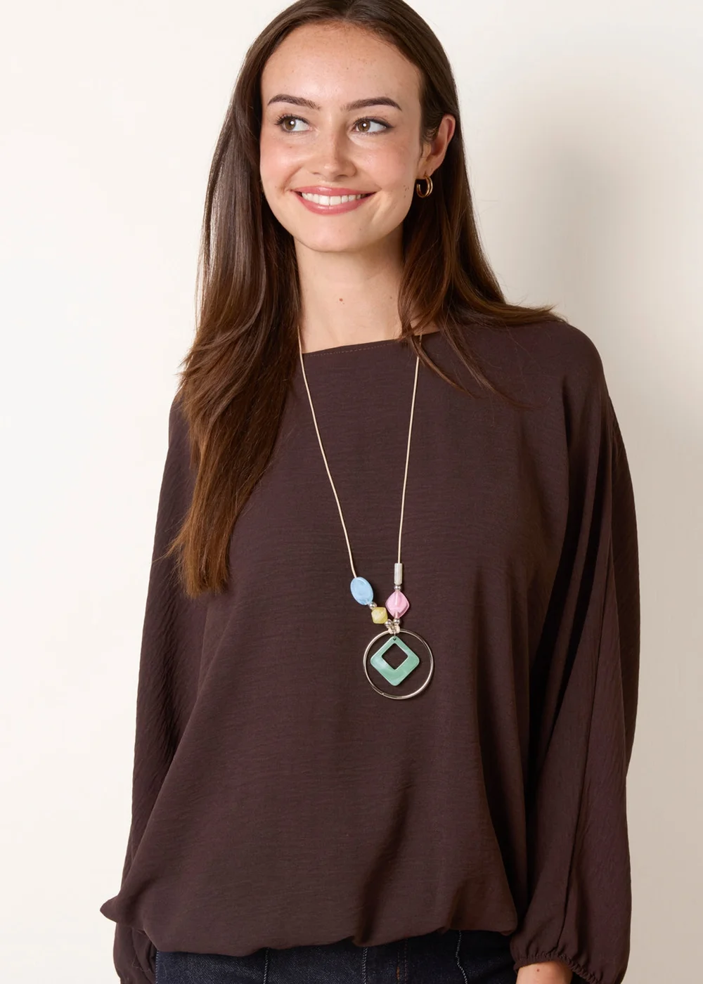 Blue Vanilla Brown Elasticated Batwing Necklace Jersey Top - One Size Image 3