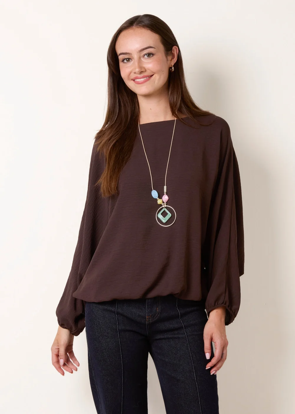 Blue Vanilla Brown Elasticated Batwing Necklace Jersey Top - One Size Image 1
