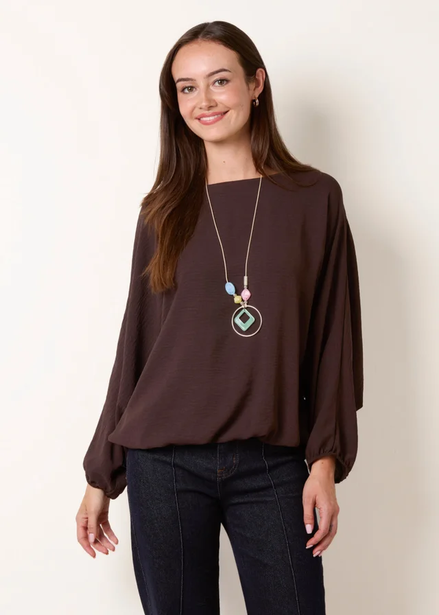 Blue Vanilla Brown Elasticated Batwing Necklace Jersey Top