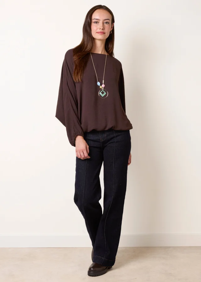 Blue Vanilla Brown Elasticated Batwing Necklace Jersey Top