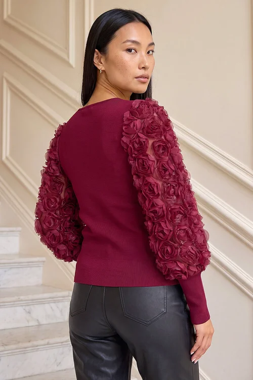 Roman Burgundy Lace Sleeve V-Neck Knit Top - 12 Image 2