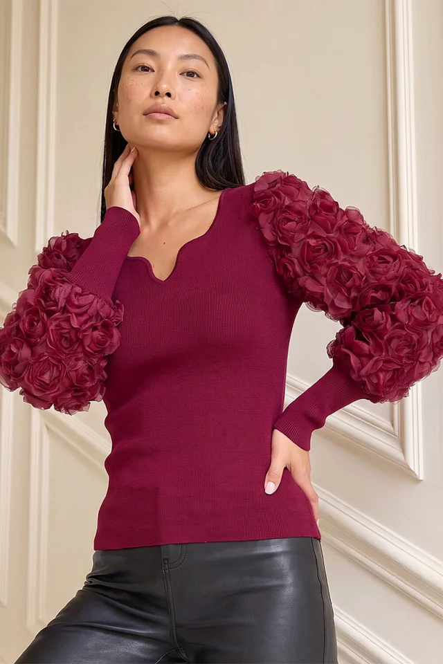 Roman Burgundy Lace Sleeve V-Neck Knit Top
