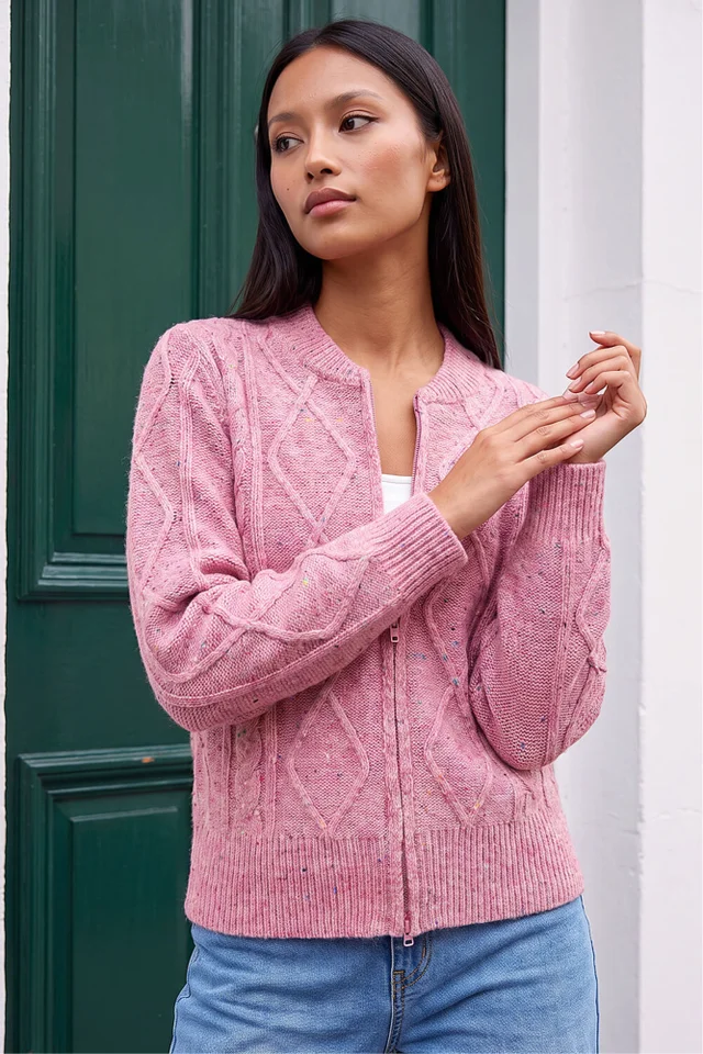 Roman Pink Petite Cable Knit Zip Up Cardigan