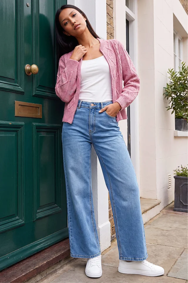 Roman Pink Petite Cable Knit Zip Up Cardigan