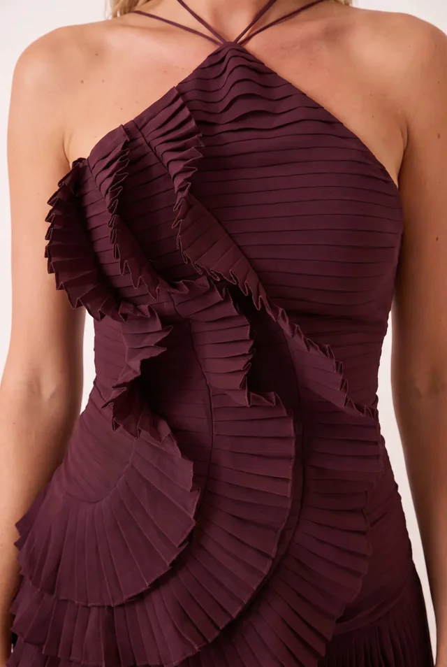 Style Cheat Pleated Halter Tie Maxi Dress in Mulberry