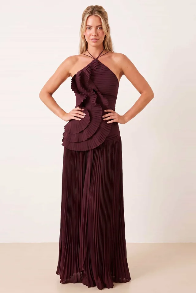 Style Cheat Pleated Halter Tie Maxi Dress in Mulberry