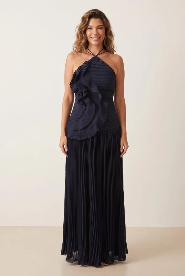 Style Cheat Navy Pleated Halter Tie Maxi Dress