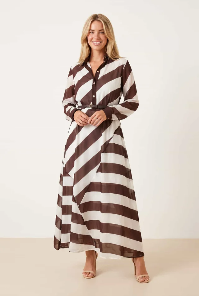 Stripe Belted Maxi Shirt Dress - Chocolate Stripe