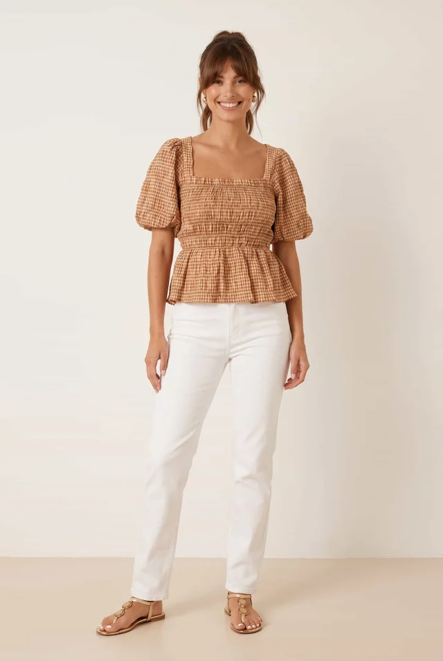 Style Cheat Tan Check Shirred Top