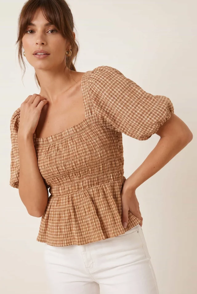 Style Cheat Tan Check Shirred Top