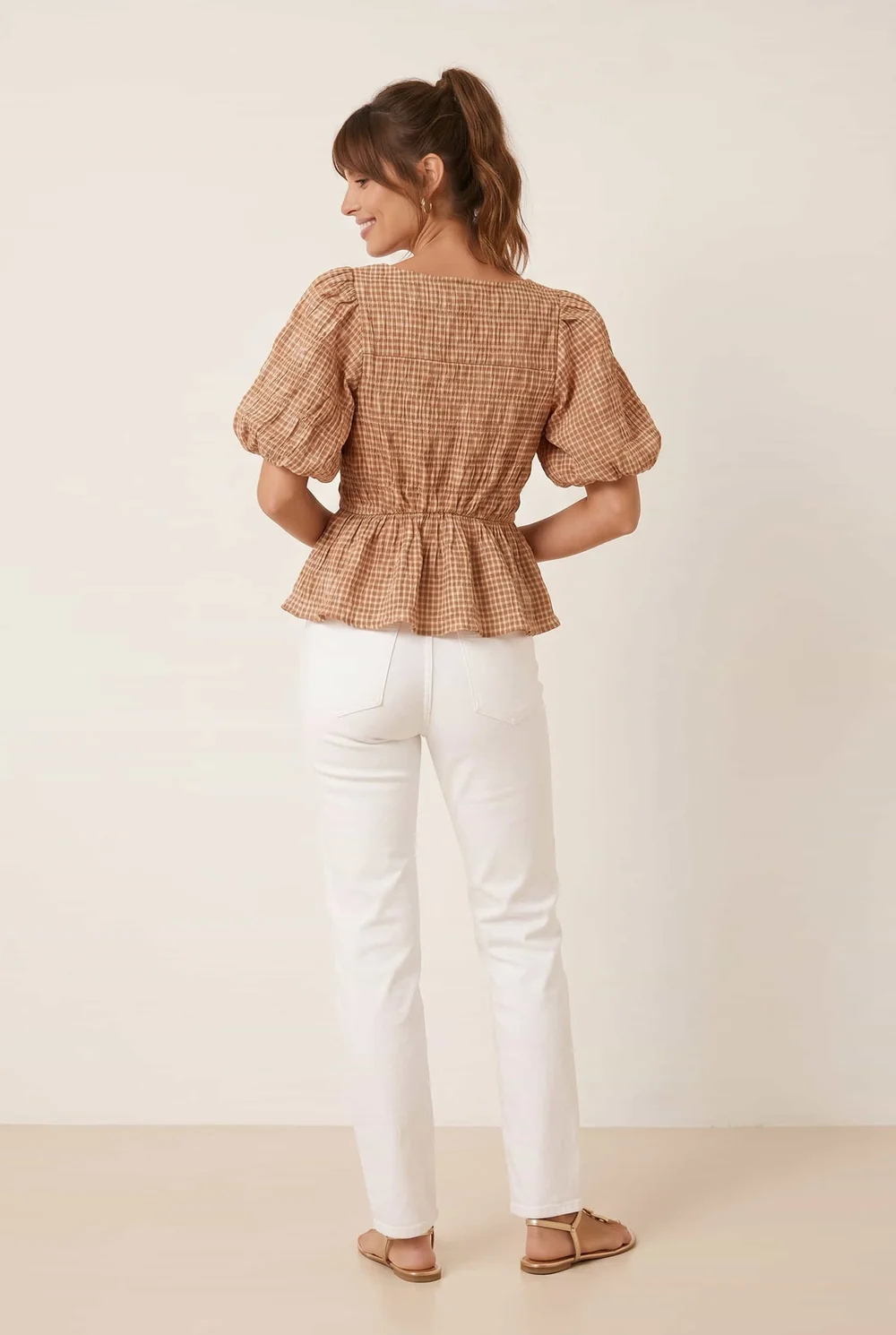 Style Cheat Tan Check Shirred Top - 8 Image 3