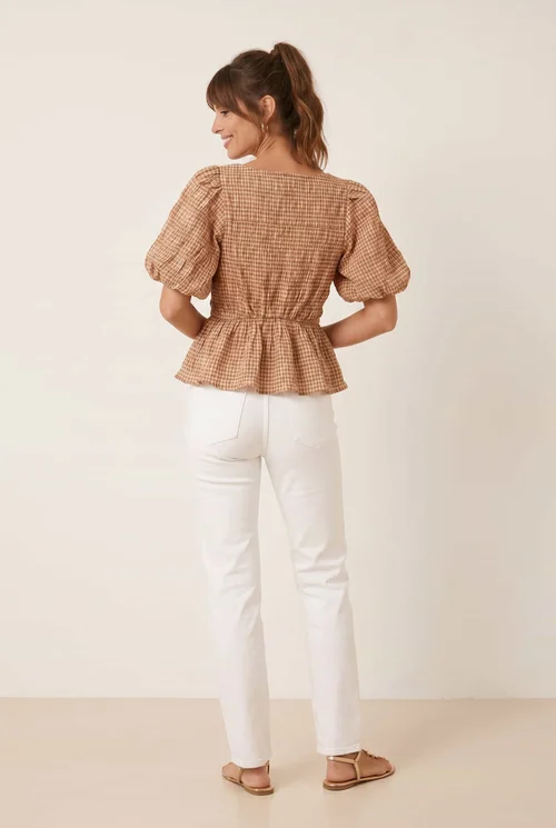 Style Cheat Tan Check Shirred Top - 8 Image 3