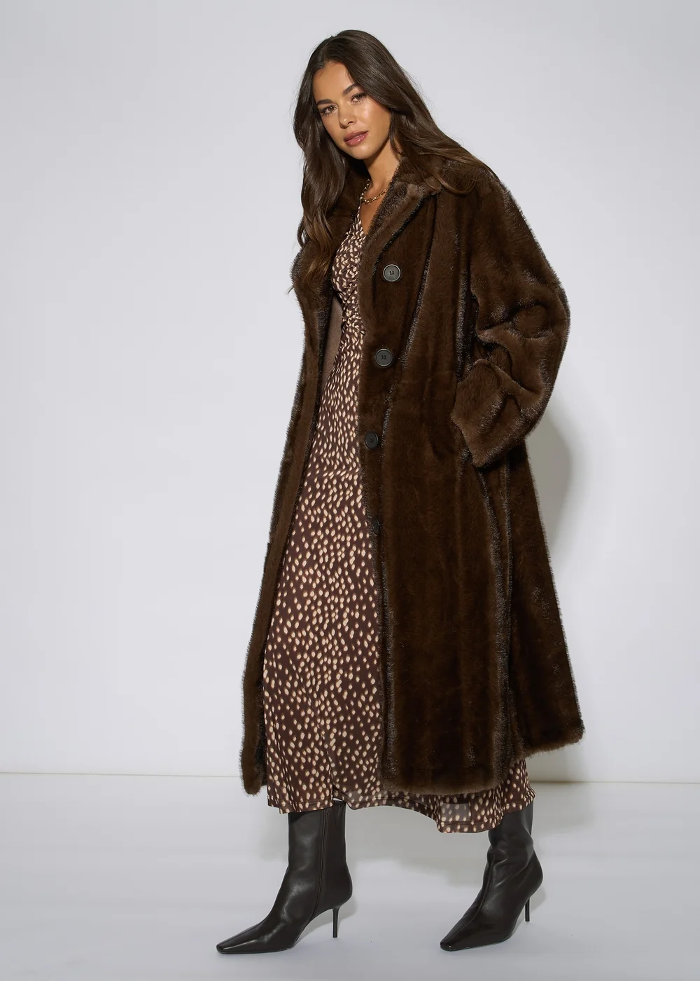 Gini London Brown 2 Tone Maxi Faux Fur Coat Jacket - S/M Image 4