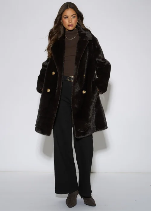 Gini London Bitter Chocolate Double Breasted Faux Fur Coat - L/XL Image 1