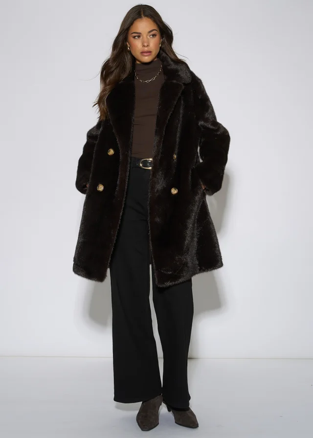 Gini London Bitter Chocolate Double Breasted Faux Fur Coat