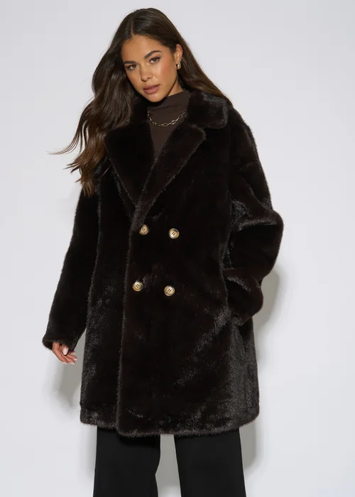 Gini London Bitter Chocolate Double Breasted Faux Fur Coat - L/XL Image 3