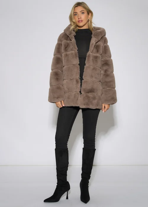 Gini London Mocha Horizontal Cut Fur Hooded Jacket - S/M Image 1