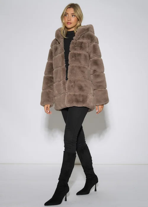 Gini London Mocha Horizontal Cut Fur Hooded Jacket - S/M Image 4