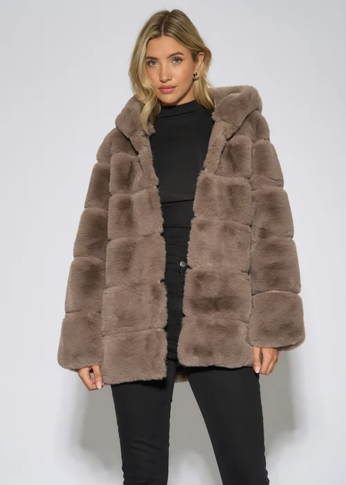 Gini London Mocha Horizontal Cut Fur Hooded Jacket - S/M Image 3