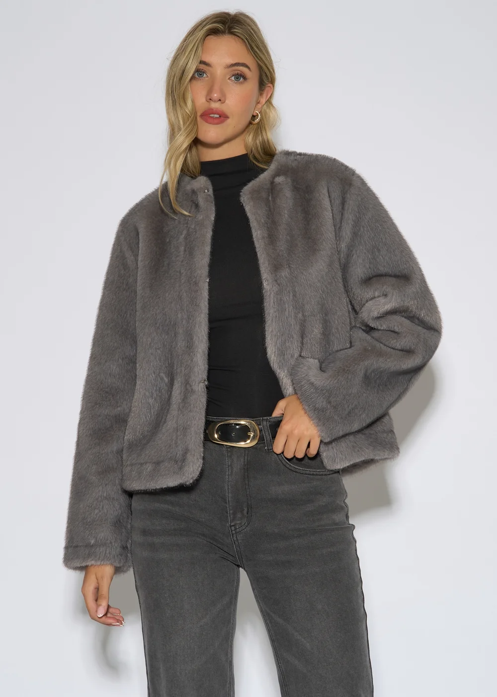 Gini London Mid Grey Short Faux Fur Jacket - M/L Image 3